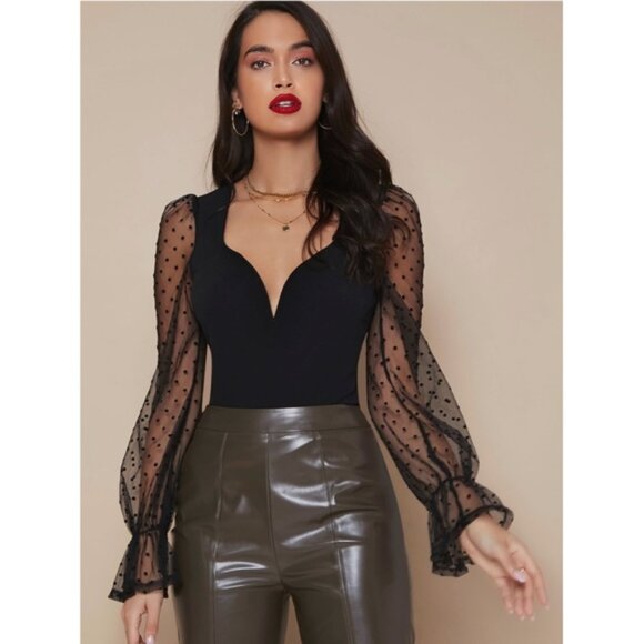Deep V Sheer Sleeves Black Top - Picture 1 of 5